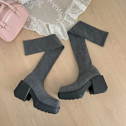 आकार 35-40 शीतकालीन महिलाओं के घुटने के ऊपर मोजे जूते खिंचाव बुना मोटी एड़ी लंबे जूते महिला पर्ची मंच जूते 10 best sales महिलाओं के लिए सॉक बूट - №8