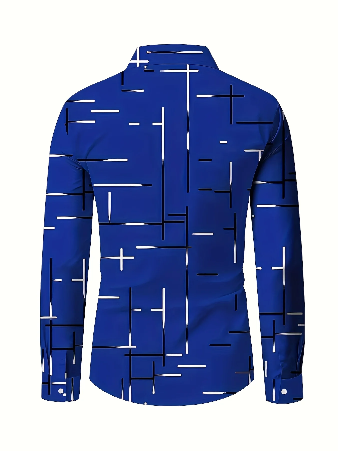 Men Long Sleeve Button Down Shirt Blue Black‑White Abstract Line Print Polyester Lapel Collar Casual Dress
