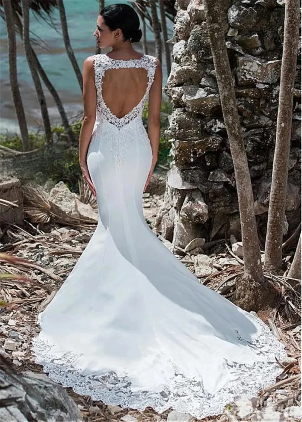 Vestidos de novia de sirena sin mangas, Apliques de encaje, ilusión de cuello, satén, tren de barrido, vestido de novia Formal personalizado, novedad de 2024