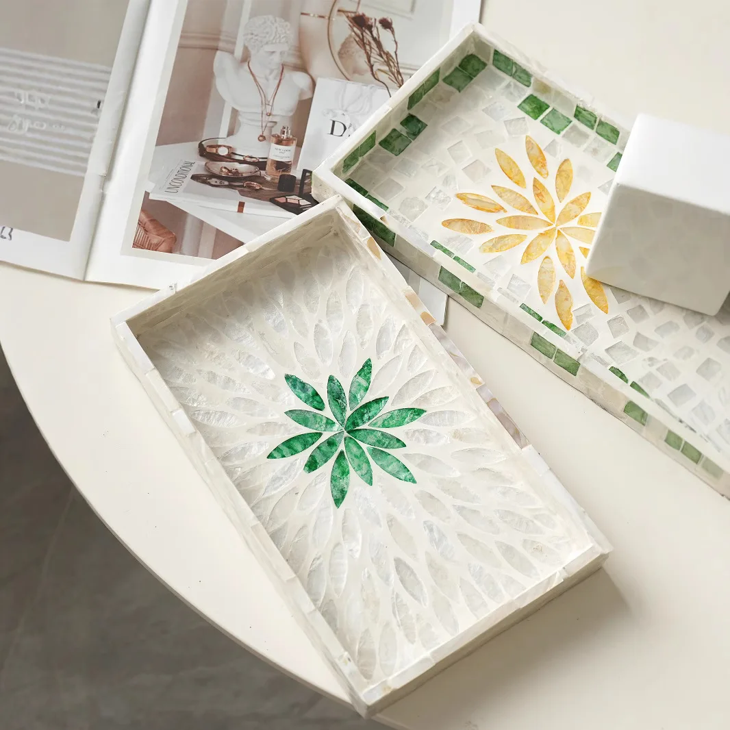 Light Luxury Square Inlaid Shell Serving Tray, Home Decor Organizer for Coffee Dining Table Cake Display