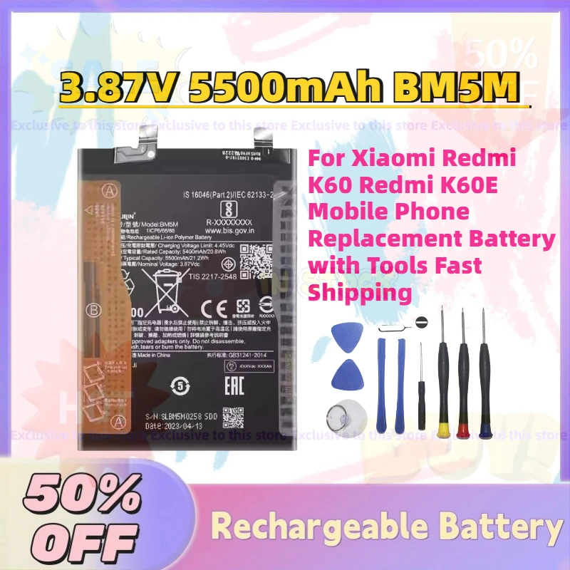 

New 3.87V 5500mAh BM5M Phone Battery for Xiaomi Redmi K60 Redmi K60E Mobile Phone Replacement Battery with Tools Fast Shipping