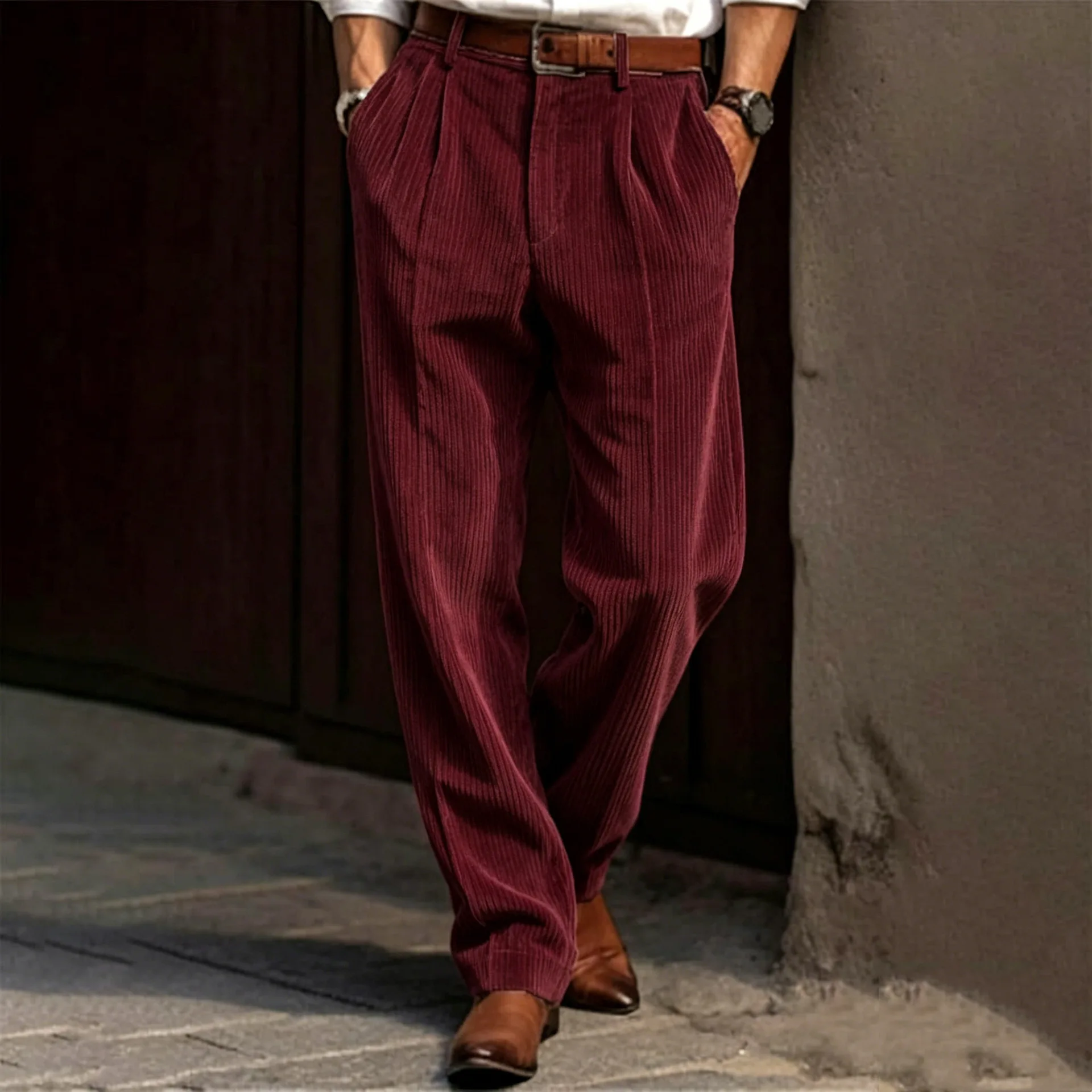 2026 Spring Autumn Men's Corduroy Casual Pants Business Fashion Solid Color Elastic Regular Fit Trousers Male Size