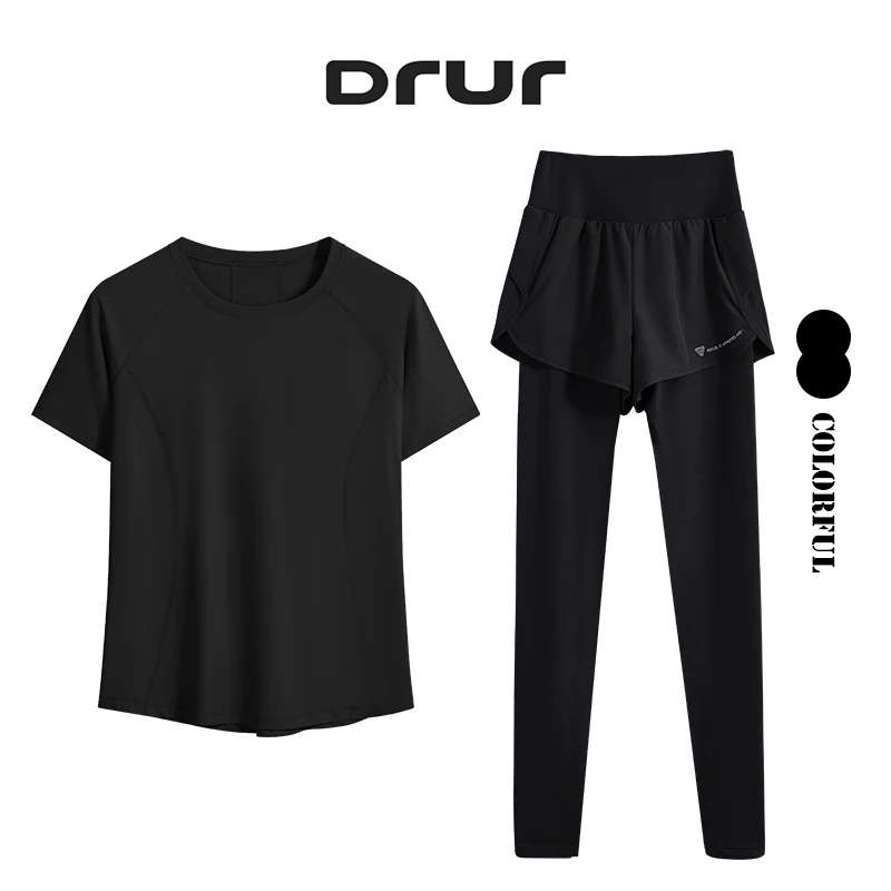 DRUR Gym Set Women 2 Piece Seamless Quick Dry Short Sleeve Yoga Shirt High Waist Leggings Suit Workout Outfits Sport Pants Set