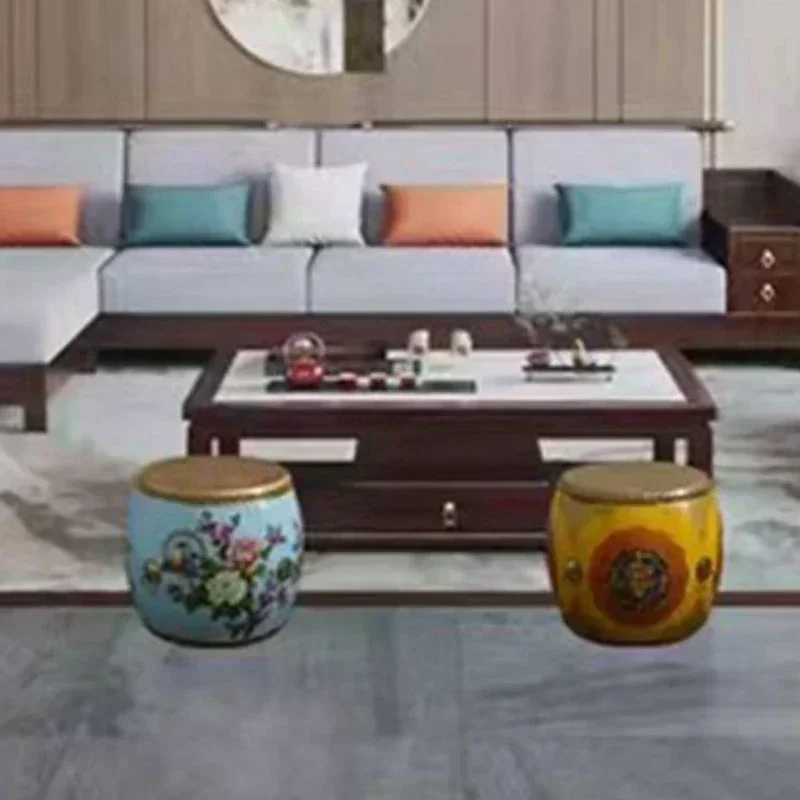 Solid Wooden Stool with Chinese Cowhide Drum Shoe Replacement Circular Sofa for Living Room Mortise Installation