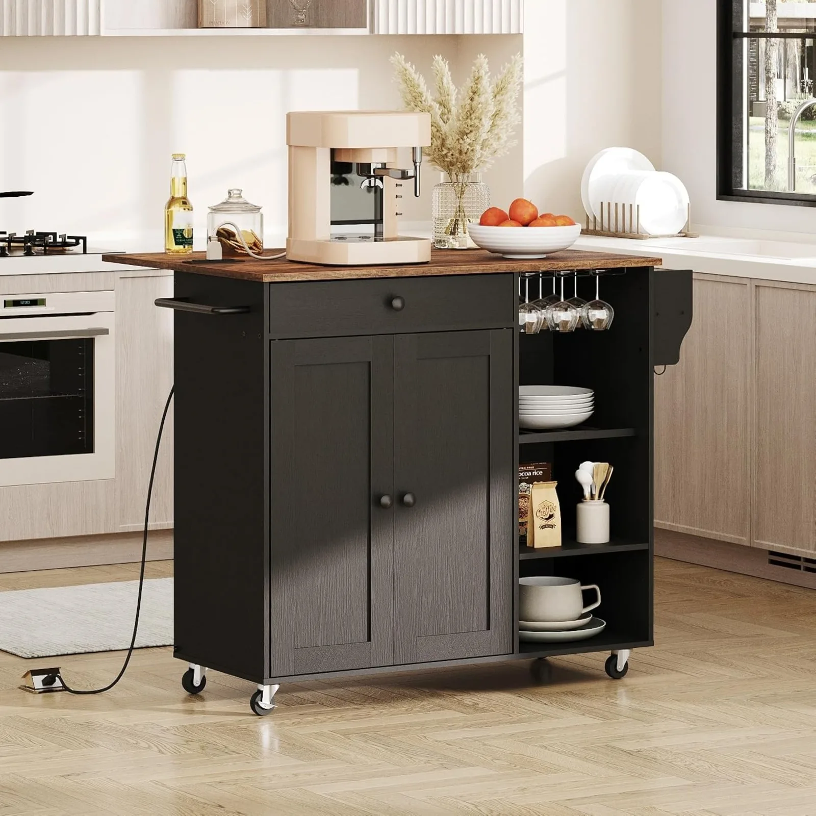 US Kitchen Island with Storage, Rolling Kitchen Island with Folding Drop Leaf, Charging Station, Spice Rack, Drawer, Mobile