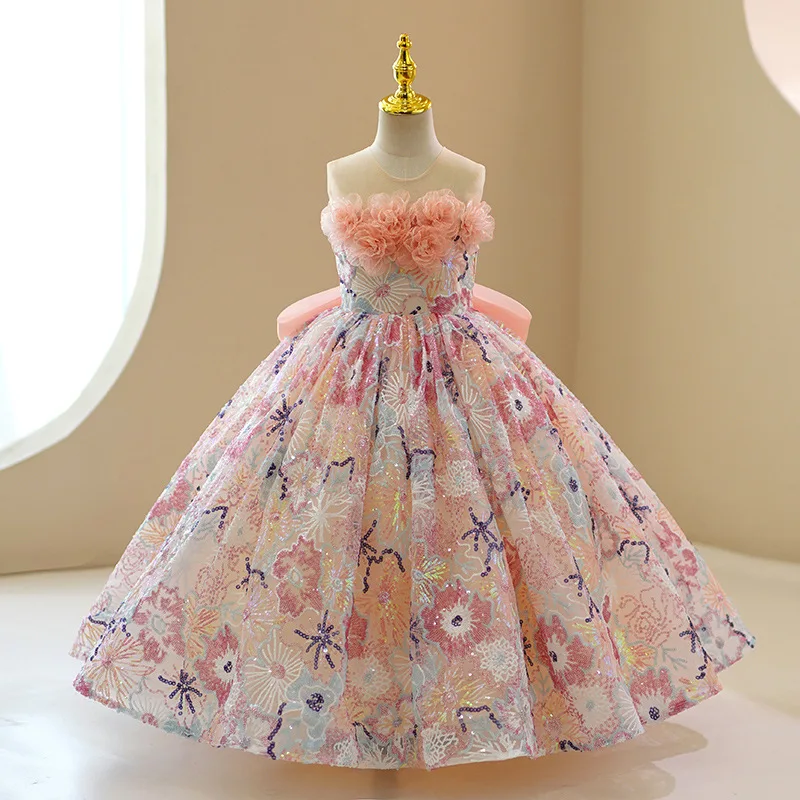 Newest High-end Children\'s Clothing Puffy Frock Floral Sequined Baby Girls Birthday Party Dress with Bow