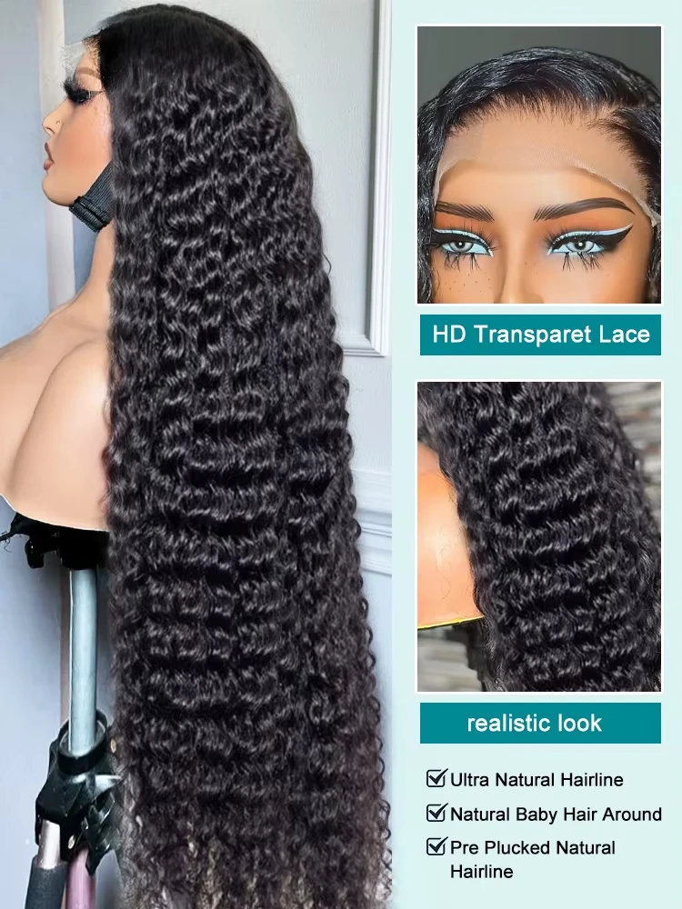 13x6 HD Lace Frontal Wigs 100 Wear and Go Human Hair 30 40 Inch High Density Deep Water Wave Kinky Curly Natural Black for Women
