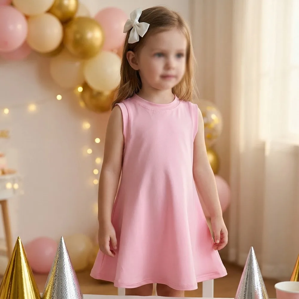Robes décontractées pour filles, style estival, nouvelle collection, robes roses sans manches à col rond pour enfants, robes t-shirt respirantes et confortables pour enfants