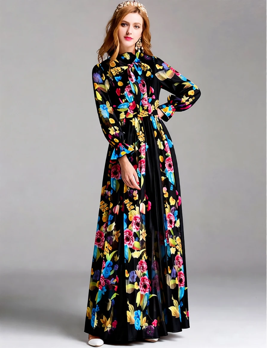 Damenkleid mit Schnürung, Schleifenkragen, langen Ärmeln, Blumenmuster, elegantes Maxi-Designer-Kleid