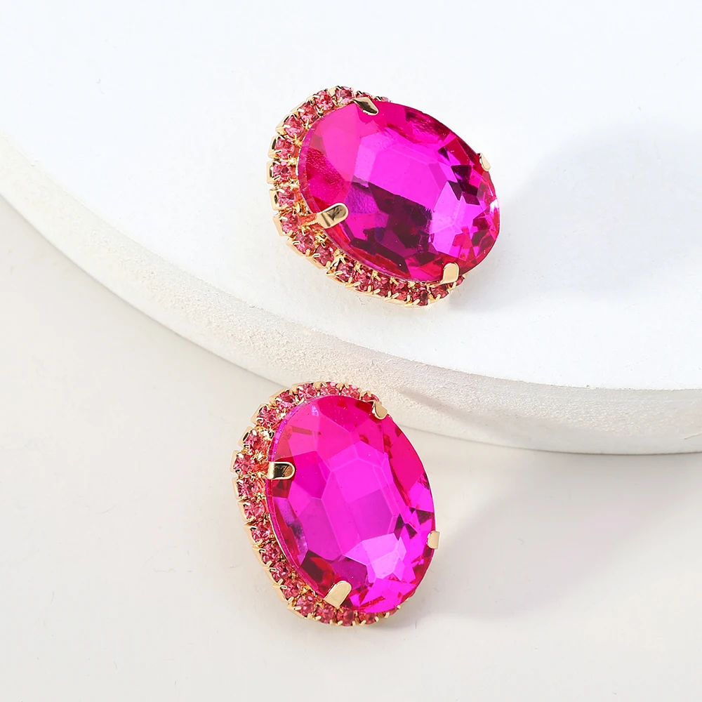 Fahion Oval Shiny Glass Glamorous Decor Big Stud Earrings For Women Luxury Brand Holiday Fairy Charm Jewelry Ear Accessories