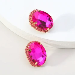 Fahion Oval Shiny Glass Glamorous Decor Big Stud Earrings For Women Luxury Brand Holiday Fairy Charm Jewelry Ear Accessories