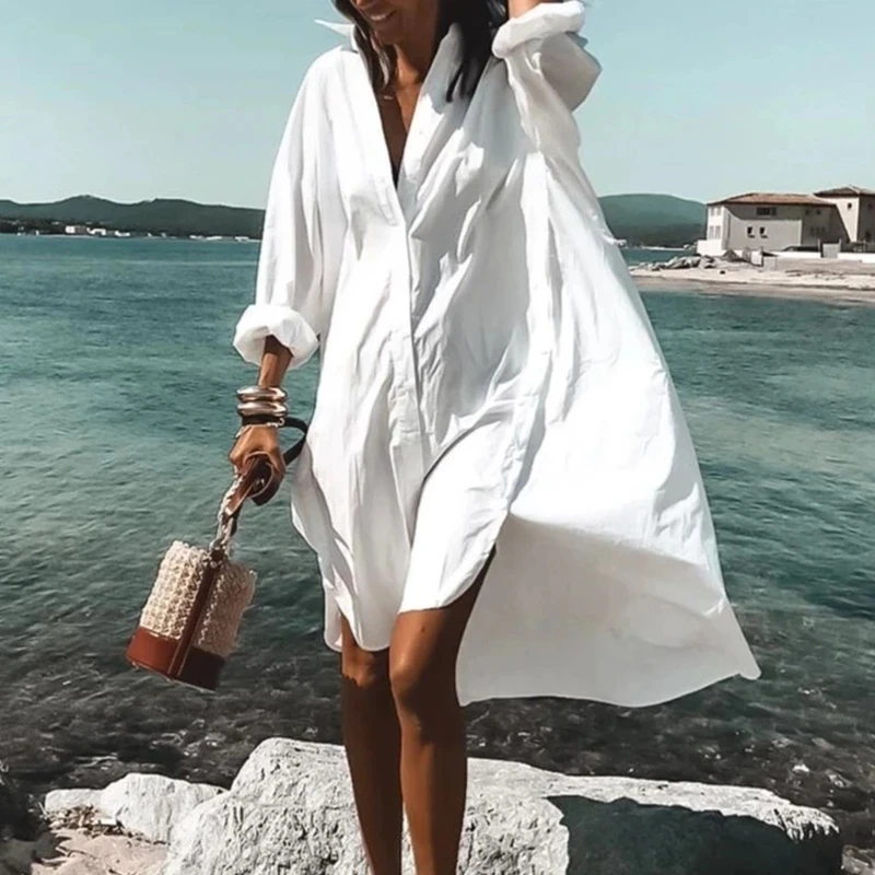 Women Shirt Dress Spring Summer Casual Long Sleeve Printed V Neck Beach Shirt Dresses