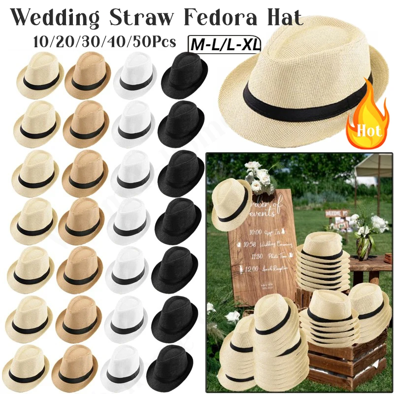 Lot de 10 à 50 chapeaux Fedora en paille Havana pour hommes et femmes, chapeau de mariage Panama pour invités, chapeau Trilby à bord court, cadeaux d'anniversaire