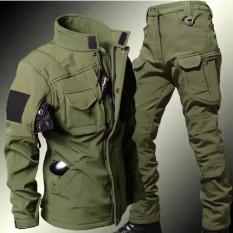 Shark Skin Hiking Fleece Sets Men Outdoor Suit Tactical Windproof Warm Jacket+pant  2 Pcs Suits Waterproof Campig Military Set