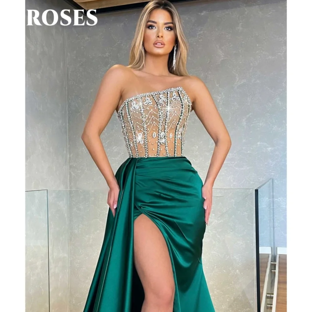 ROSES Green Sexy Prom Dresses Shiny Flowers Hollow Evening Dress for Woman Sleeveless Satin Slit Formal Gown vestidos de fiesta