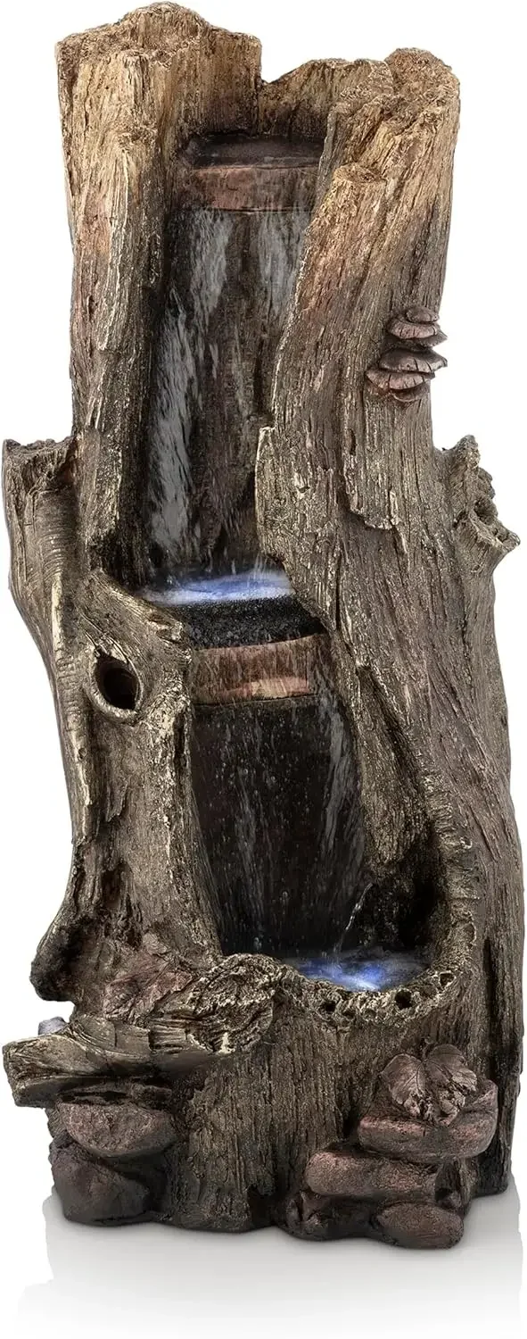 

WIN258 Outdoor Rainforest Waterfall Tree Trunk Floor Fountain with LED Lights, Tiered Garden Decor, 41" H, Brown