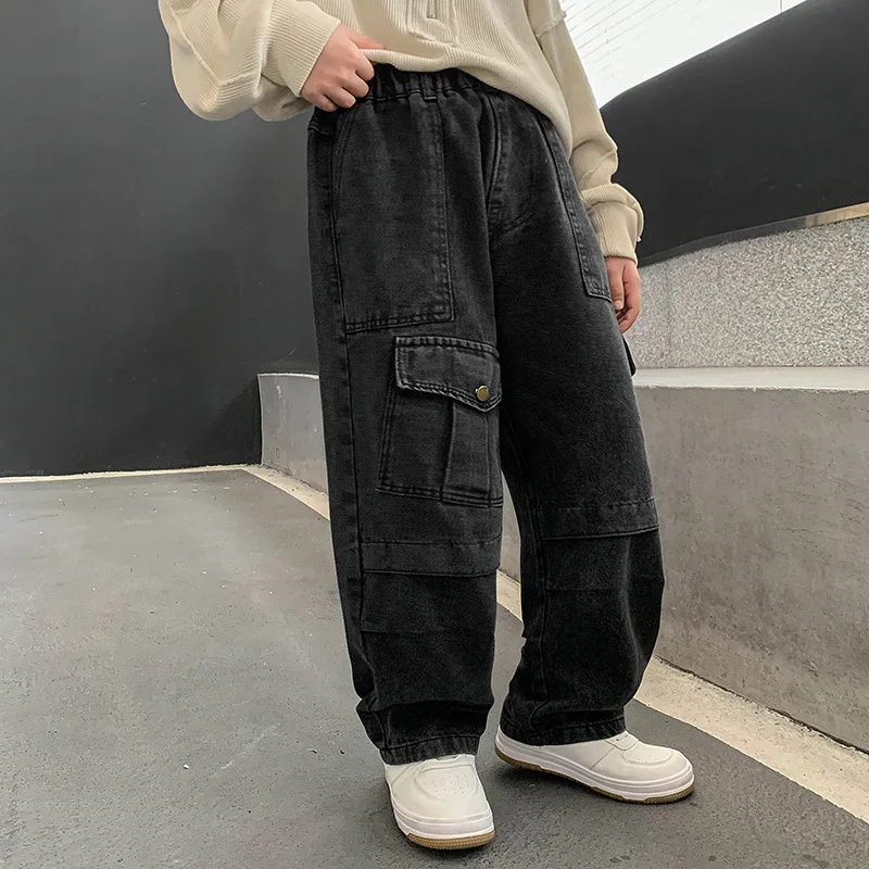 Boy Cargo Jeans Pants Children Spring Fall Multi-pocket Retro Loose Wide-leg Pants Kids Street Trousers Teen Trend Denim JY01173