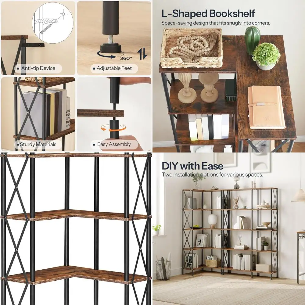 5-Tier L-Shaped Bookshelf, Industrial Style Open Display Storage, Tall Rack for Living Room/Home Office, Rustic Brown & Black