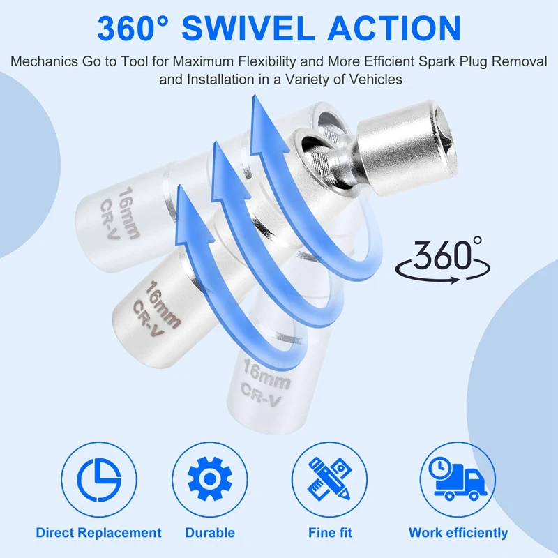 14MM & 16MM Thin Wall Magnetic Swivel Spark Plug Socket - 3/8-Inch Drive 12-Point Spark Plug Socket Removal Tool - Swivel Extens