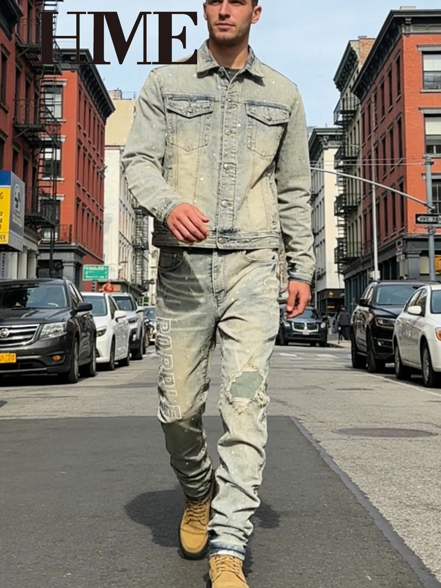 【HME】Men's Jeans | Vintage Mud Wash Denim Pants, Paint‑Splatter Ripped Patch Denim Jeans For Men, Side Letter Print Slim Skinny Trousers, Heavy‑Duty Denim Fabric, Hip‑Hop Streetwear Male Bottoms