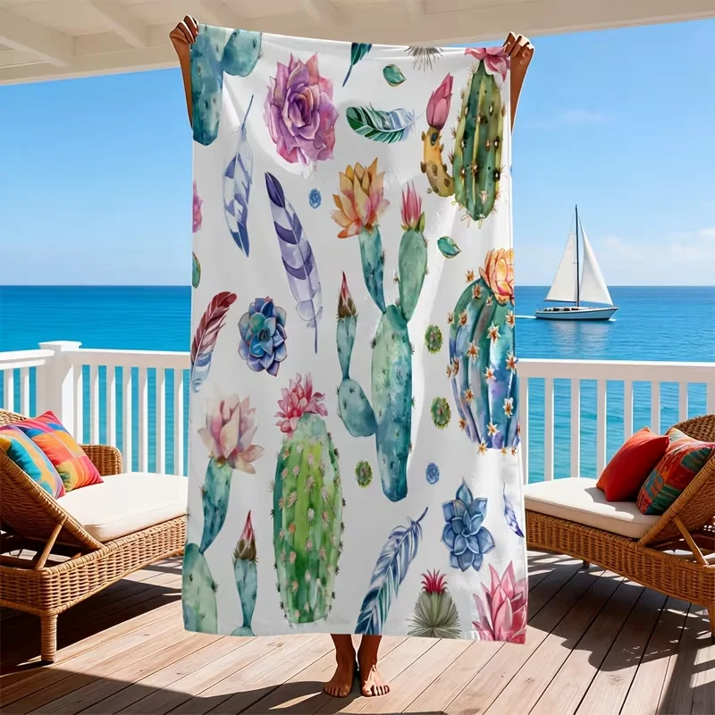 Watercolor Cactus Succulent Beach Towel Boho Desert Floral Print Quick Dry Sandproof Absorbent Towel for Summer Beach