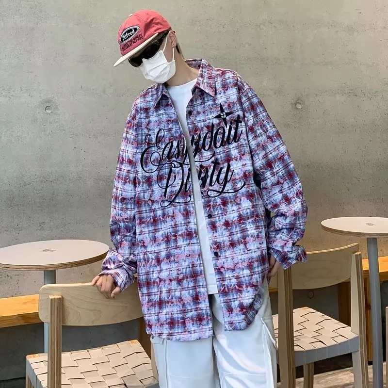 American Vintage Letter Embroidery Plaid Shirt Spring Autumn Design Sense Niche Thin Men Women Oversize Casual Shirt Coat Tide