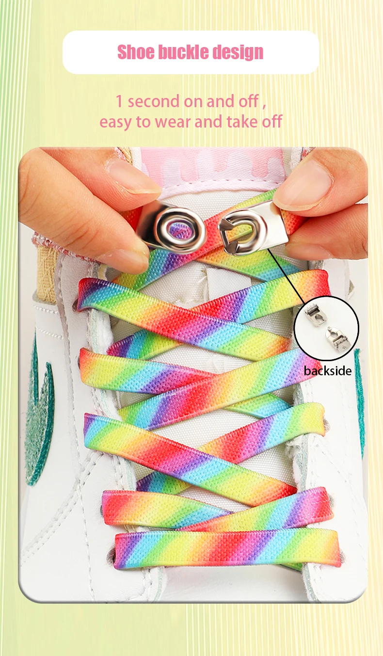 Farbverlauf-Schuhbänder in Regenbogenfarben, ohne Schnürsenkel, mit Metallschnalle, elastische, flache Schnürsenkel für Sneaker, geeignet für Kinder und Erwachsene. – Detail 4