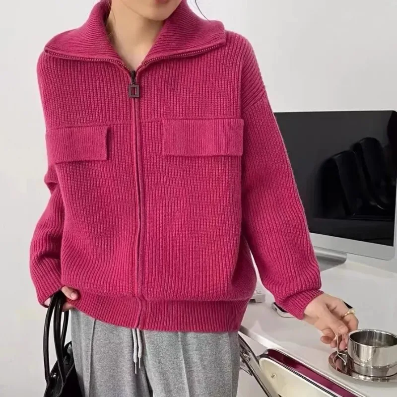 Maglione allentato con collo a Polo rosso rosa per donna autunno inverno 2024 nuovo Cardigan stile coreano maglioni stile pigro giacca in maglia con