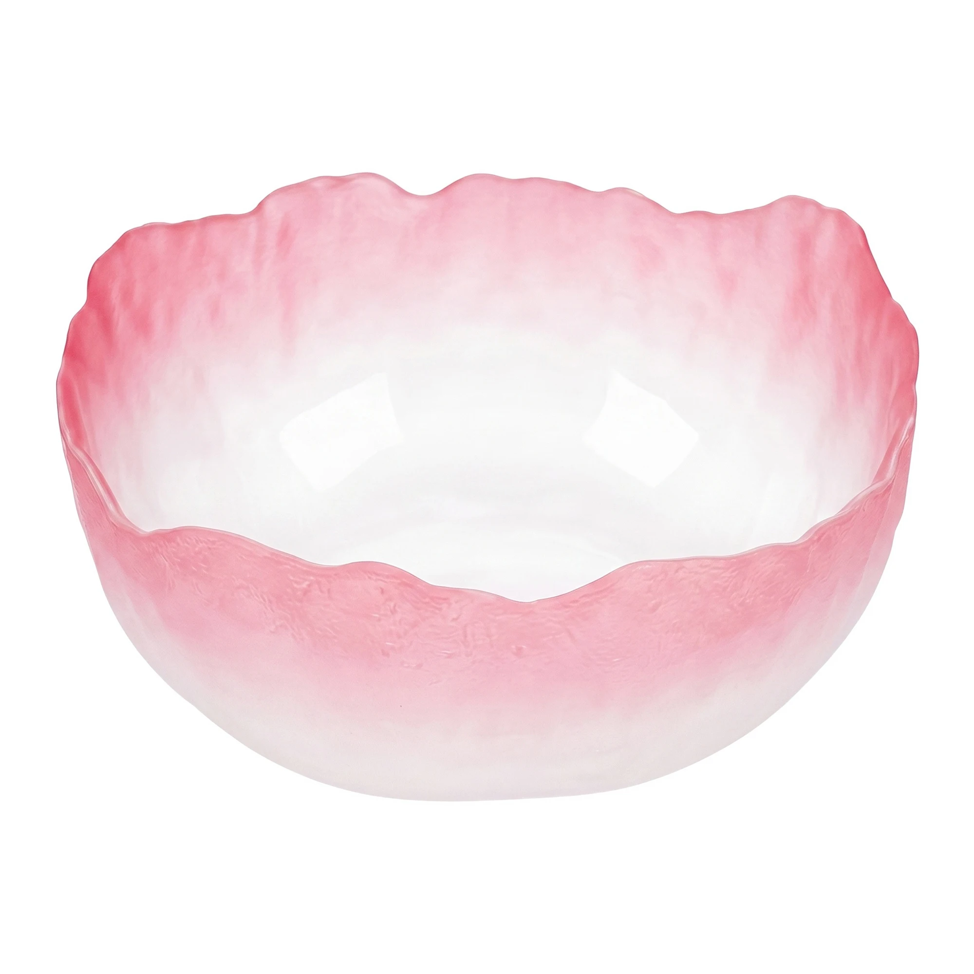 Elegant gradient glass salad bowl with soft pink hue measuring 5.1 inches square and 2.4 inches deep