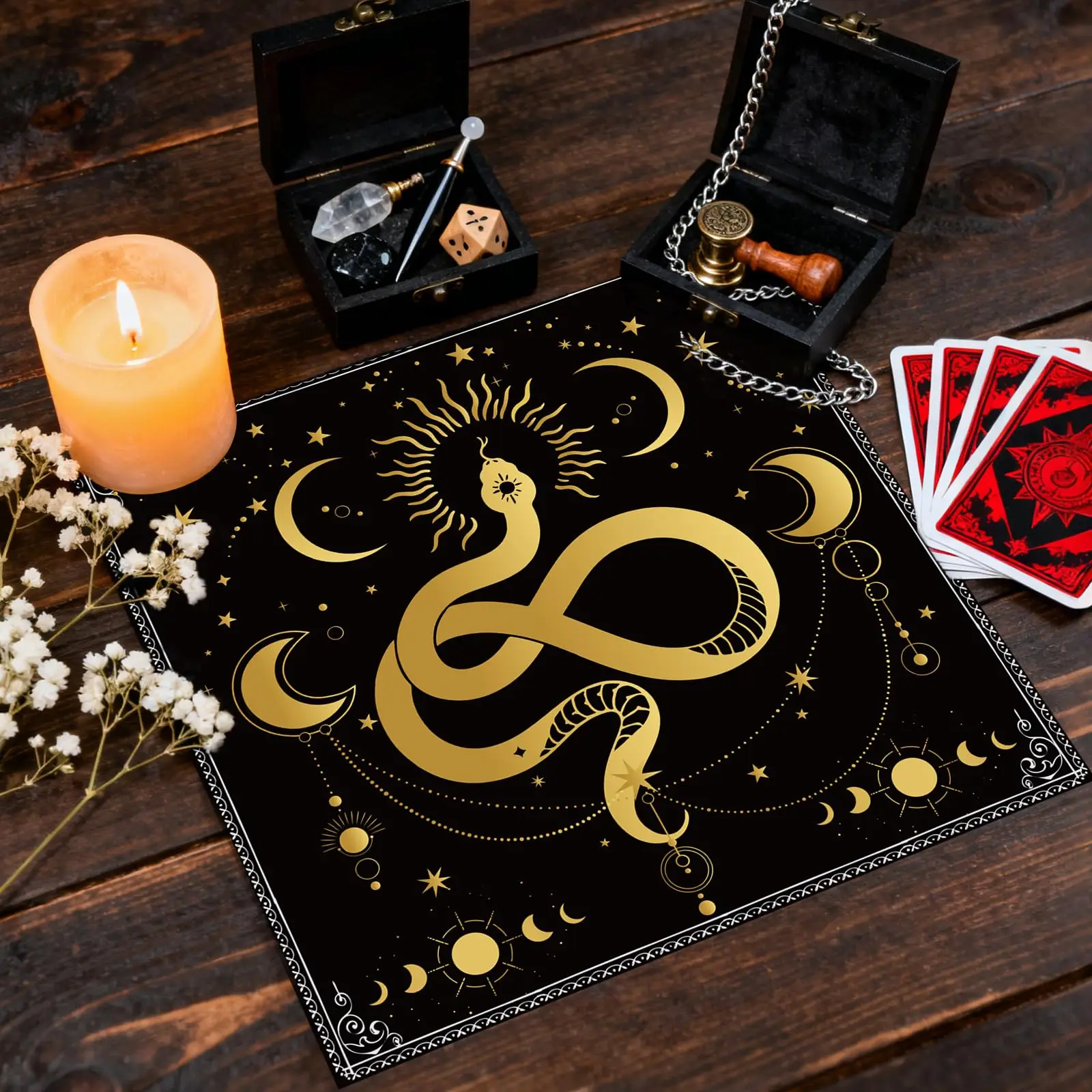 Tarot Altar Cloth,  Square Golden Snake Tablecloth for Witchcraft Supplies Spiritual Practices Tarot Card Accessories Home Decor