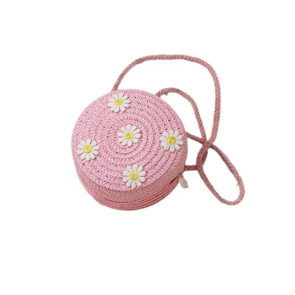 Creative Small Daisy Kids Straw Bag Round Shape Handmade Crossbody Bag Woven Shoulder Bag for Children Girls