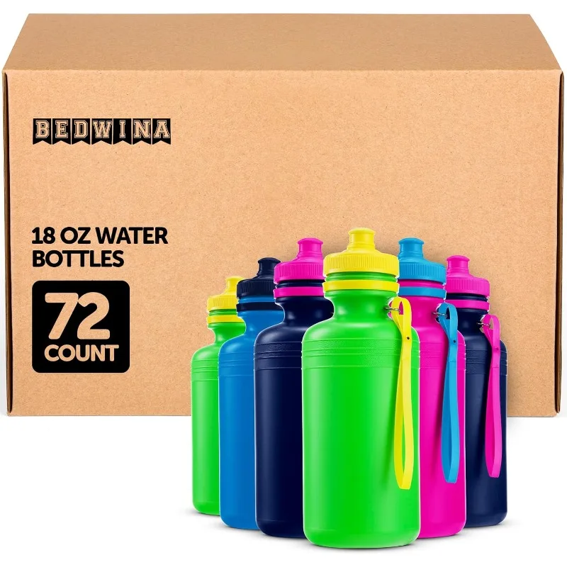

Bedwina Bulk Water Bottles For Kids - (Bulk Pack of 72) 18 Oz - 7.5 Inch BPA-Free Plastic Water Bottles w/Pop-up Tops for Summer