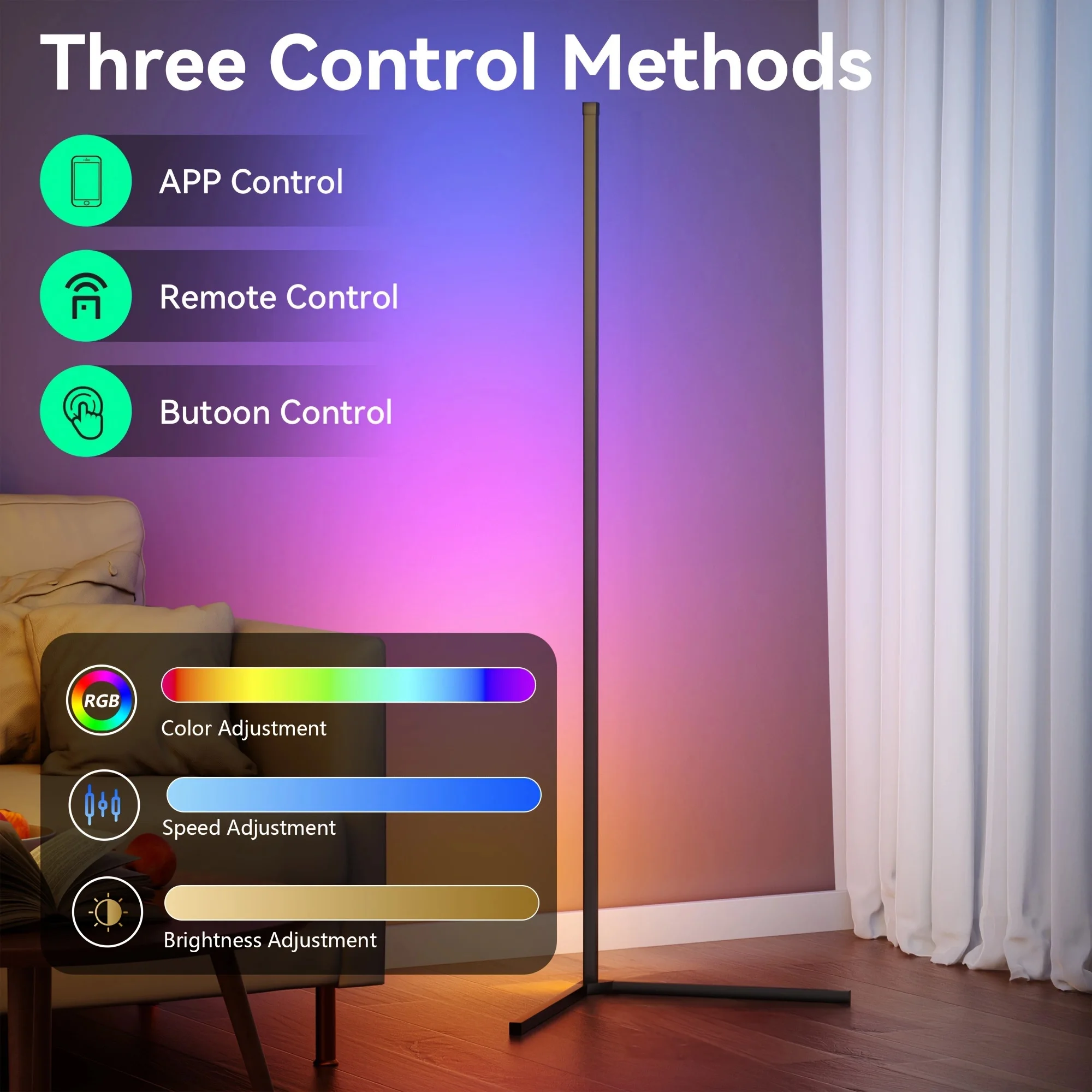 عبوتان من مصابيح جو الزاوية من الأرض إلى السقف على شكل حرف L، تدعم التحكم في التطبيقات مع جهاز تحكم عن بعد، مع إيقاع موسيقي، مناسبة لغرفة النوم وغرفة المعيشة وديكور حفلات المناسبات. #4