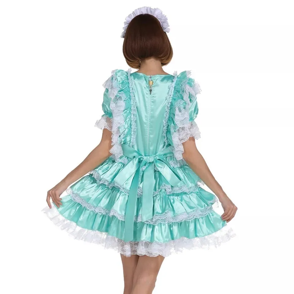 Sexy sissy French maid blue satin short sleeved lockable lace multi-layer ruffle edge dress maid cosplay costume customizable