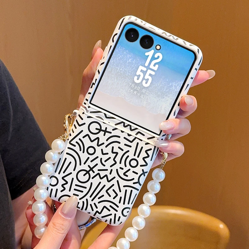 

Trendy Graffiti Phone Case For Samsung Galaxy Z Flip 7 With Electroplated Border Shockproof Protect Cover Pearl Hand-held Rope