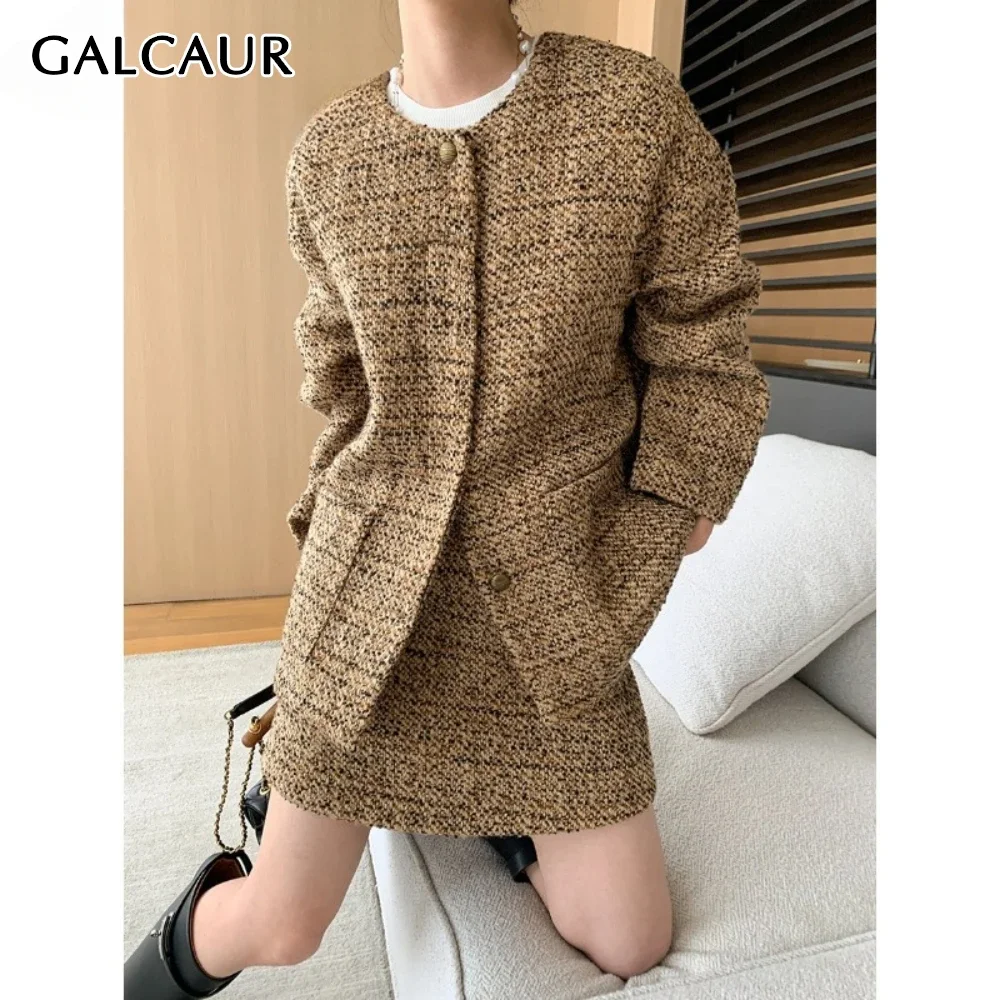 GALCAUR Tweed Two Piece Set for Women O Neck Long Sleeve Patchowrk Single Breasted High Waist Short Skirts Elegant Outfit Female