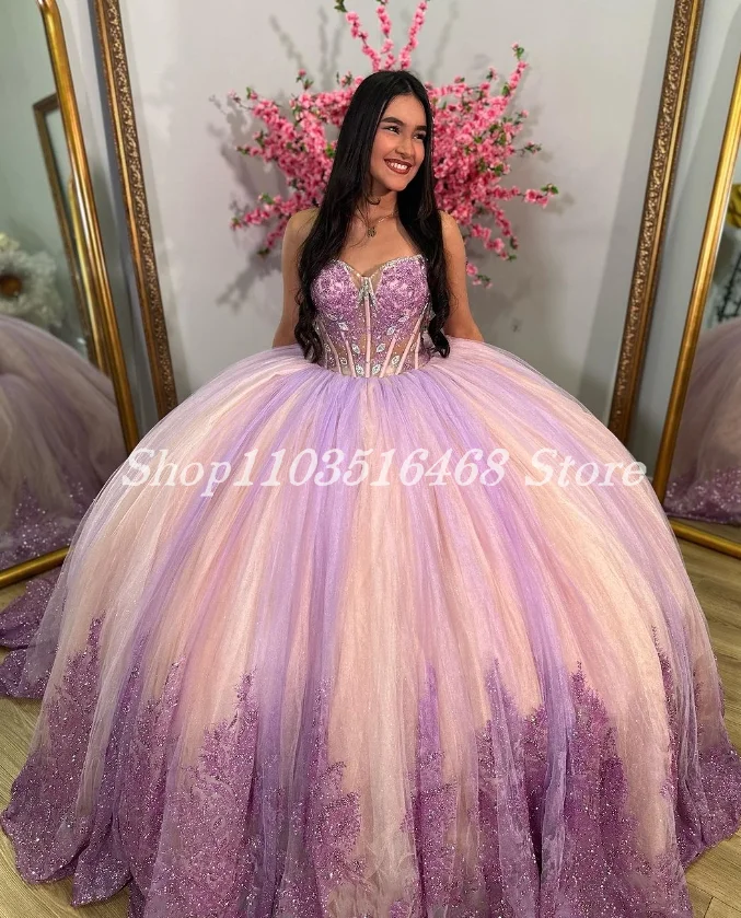 Funkelnde süße Zug 15 Quince anera lila wunderschöne süße Prinzessin eingelegte Pailletten Kristall Spitze Vestidos de 15 Años Quinceañeras