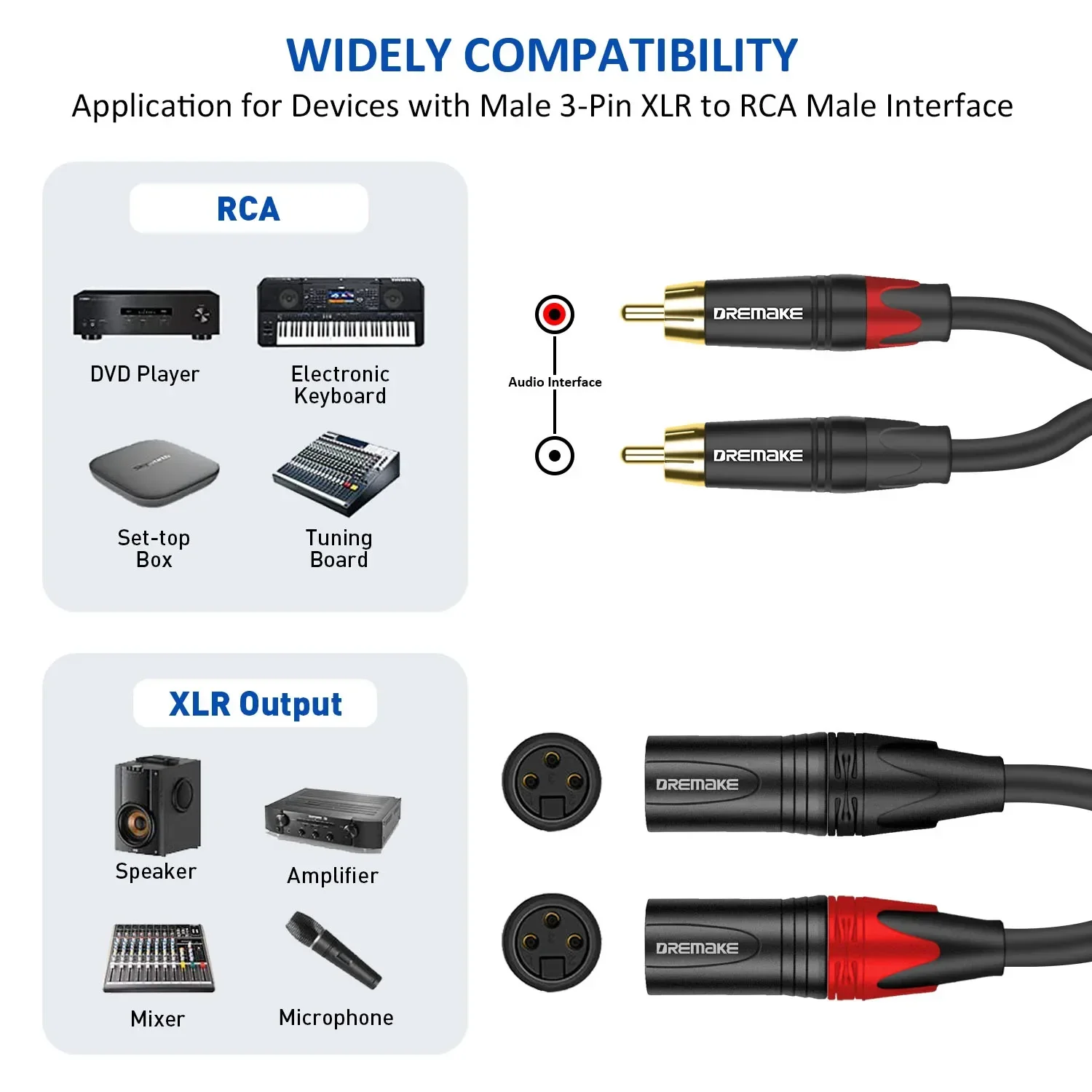 DREMAKE XLR do kabel Audio RCA Dual XLR na podwójny RCA kabel połączeniowy podwójne RCA męski na podwójny XLR męski Mic przewód połączeniowy