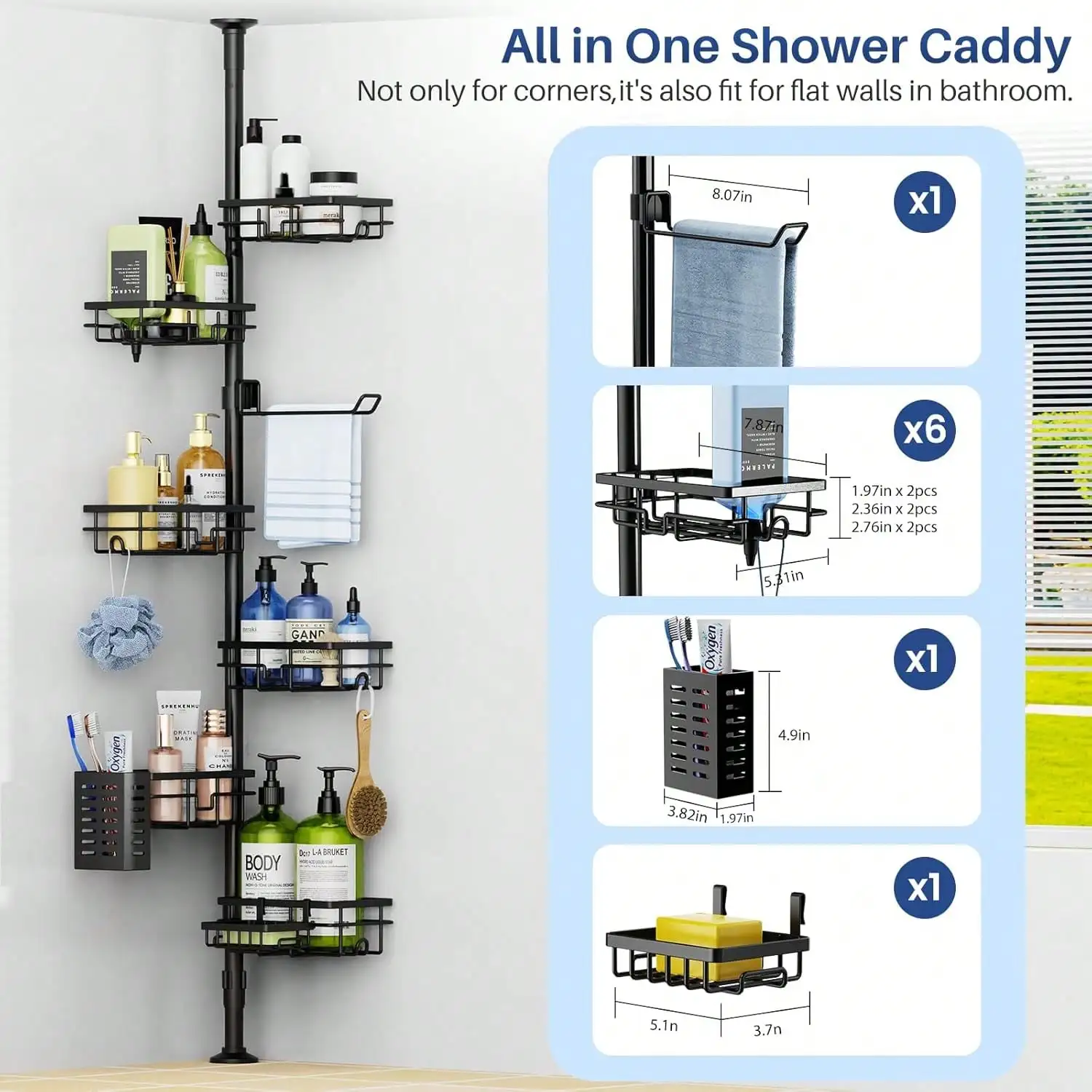 Corner Shower Caddy Tension Pole, Adjustable 30–120 Inch Bathroom Organizer Storage, Rustproof 6-Tier Shower Corner Shelves, Tow