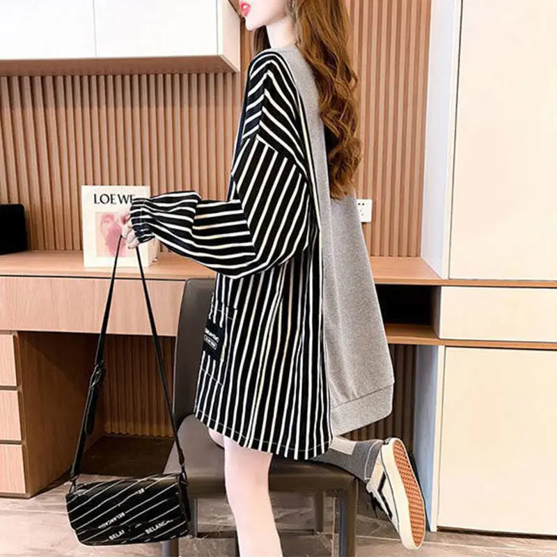 Women's Sweatshirts Long Loose Baggy Spring and Autumn Pullovers Striped Female Top Splicing Outerwears Korean Fashion Y2k Style