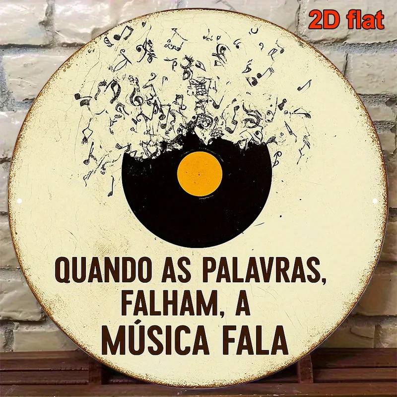 2D Flat - 2D Plane - A Retro Decorative Plaque in Portuguese, Using an 8X8 Inch Round Aluminum Sign, Containing The Phrase 