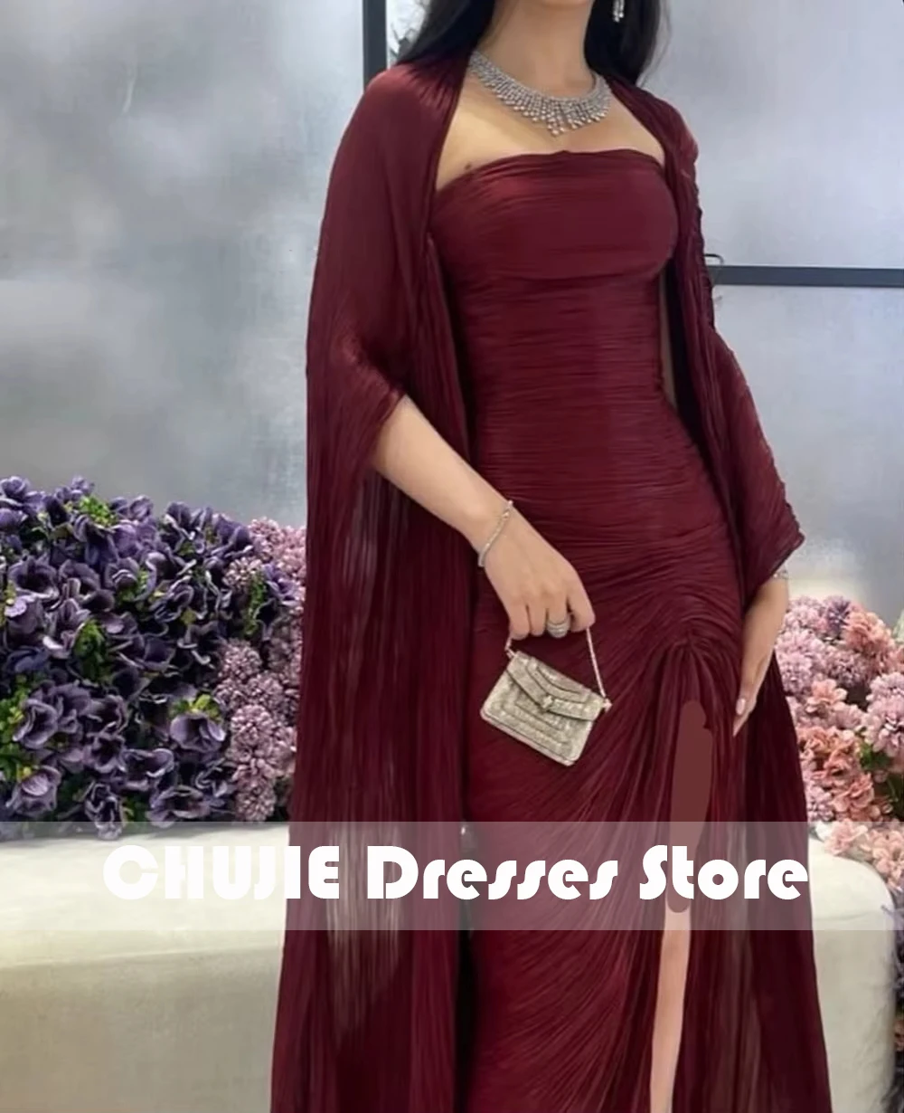 فساتين سهرة للمناسبات الرسمية بدون حمالات بطيات عنابي مع شال للحفلات الراقصة من Vestidos Largos De Gala Lorie مثير غير رسمي