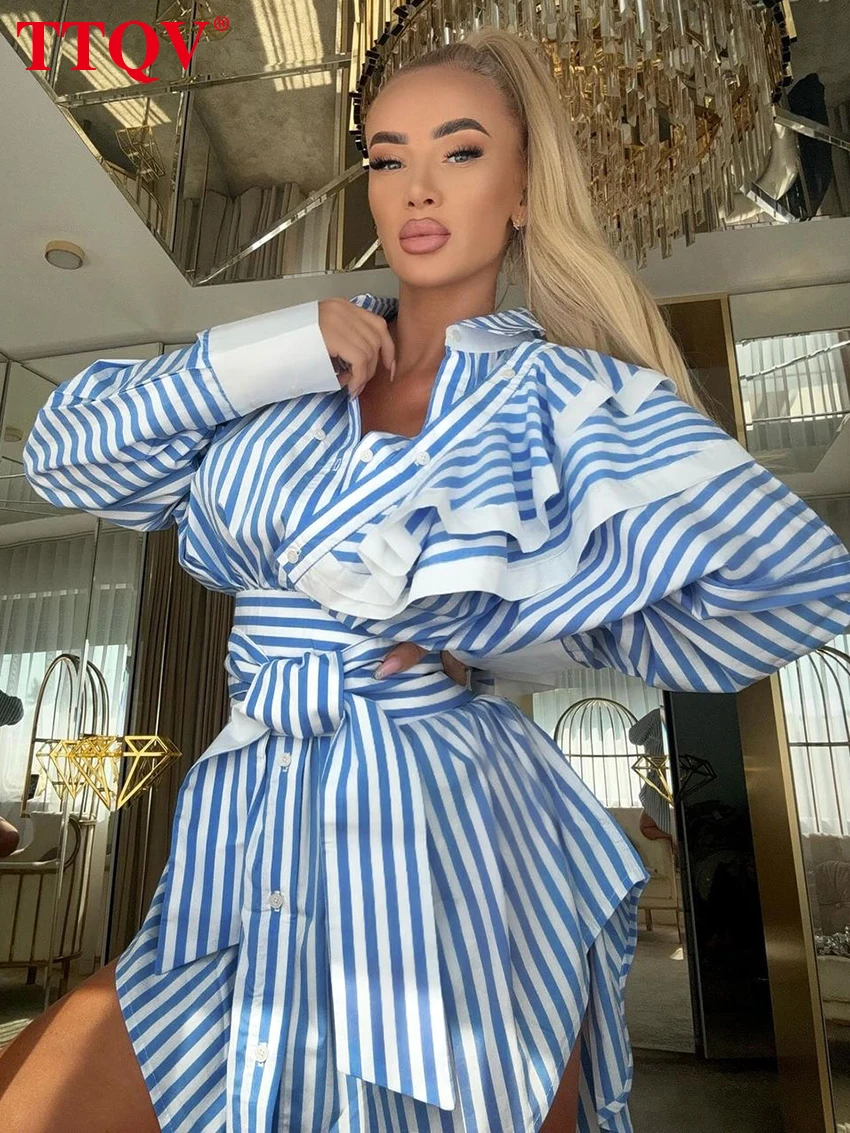 

TTQV Fashion Loose Blue Stripe Women's Dress 2025 Elegant Lapel Long Sleeve Mini Dresses Casual Classic Lace-Up Female Dress