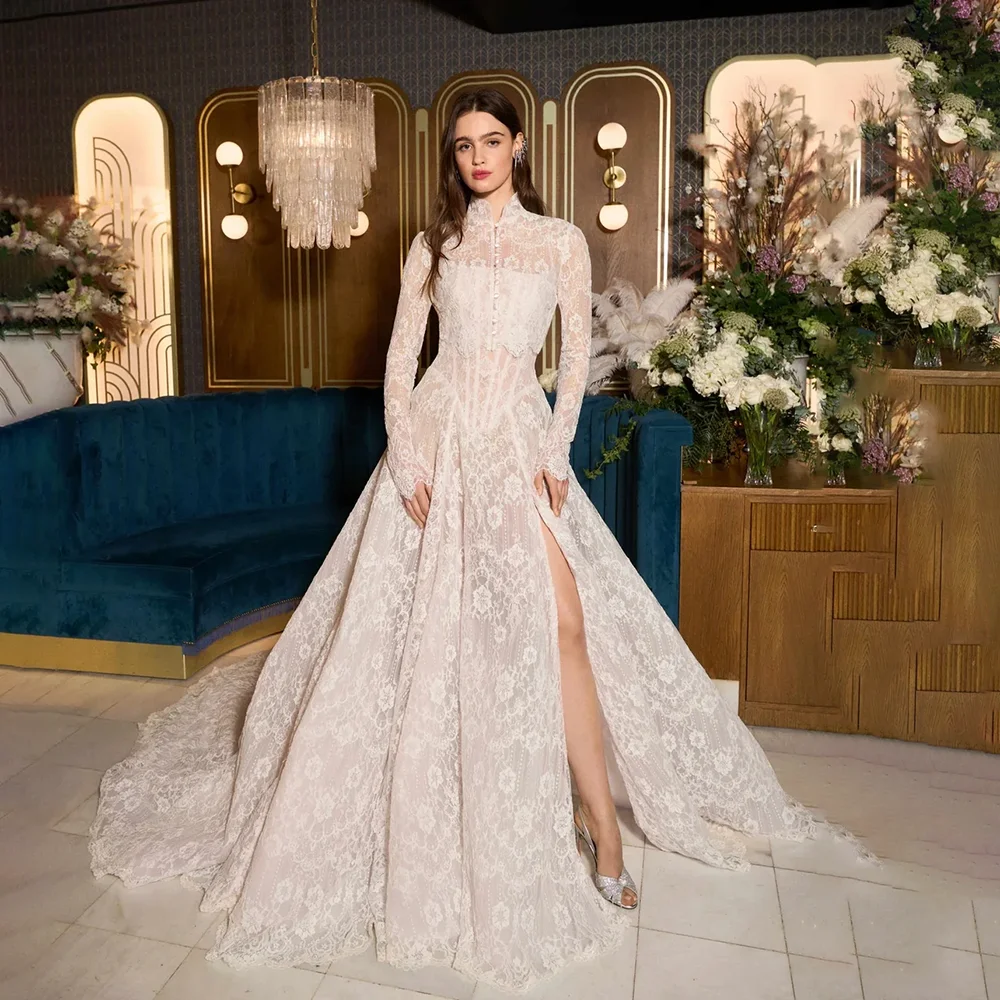 

Элегантное свадебное платье с длинным рукавом и высоким воротом, кружевная аппликация с боковым разрезом, вечернее платье невесты, свадебные платья для женщин по индивидуальному заказу
