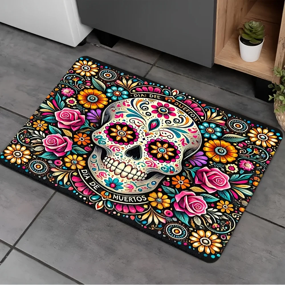 2D Flat Sugar Skull Dia De Muertos Floral Flannel Door Mat Non Slip Mexican Culture Rug For Entryway Halloween Decor