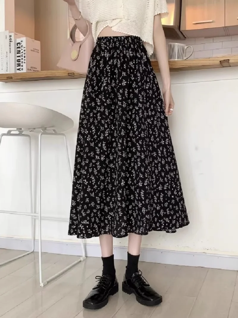 Floral Midi Skirt for Women - High Waisted A-Line Summer Skirt, Slimming Loose Fit, Casual Boho Beach Vacation Skirt w2381