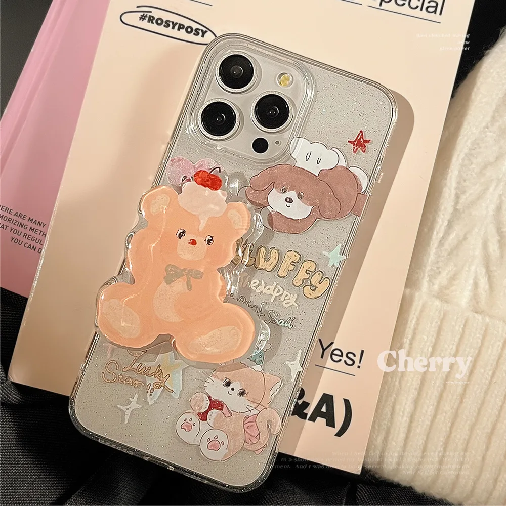 Koreanische süße Cartoon-Tiere Bär Halterung Handyhülle für iPhone 11 12 13 14 15 16 Pro Max Transparente glitzernde stoßfeste Abdeckung