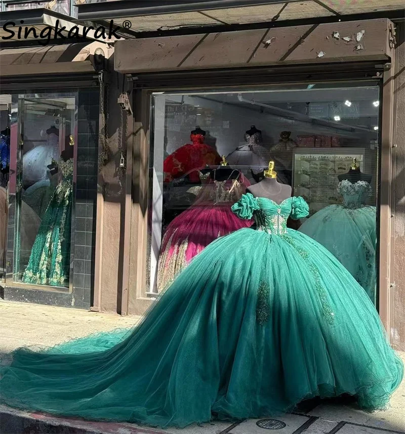 

Mexican Green Off Shoulder Quinceanera Dress Ball Gown Flowers Lace Applique Beading Crystals Sweet 16 Vestido De 15 Anos