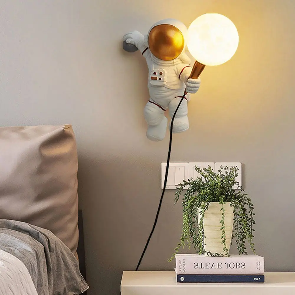 Creative Resin Astronaut Wall Sconce 3D Moon Globe Lamp Cute Spaceman Night Light for Kids Room Boys Bedroom Bedside Decor