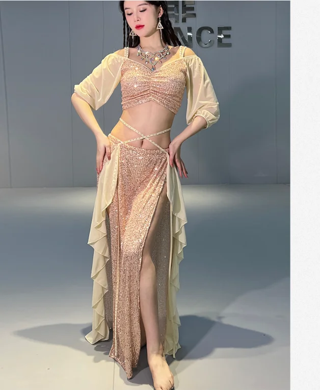 Belly Dance Costume Set for Women Short Sleeves Top+split Long Skirt 2pcs Oriental Professional Set Belly Dancing Wear Outfit